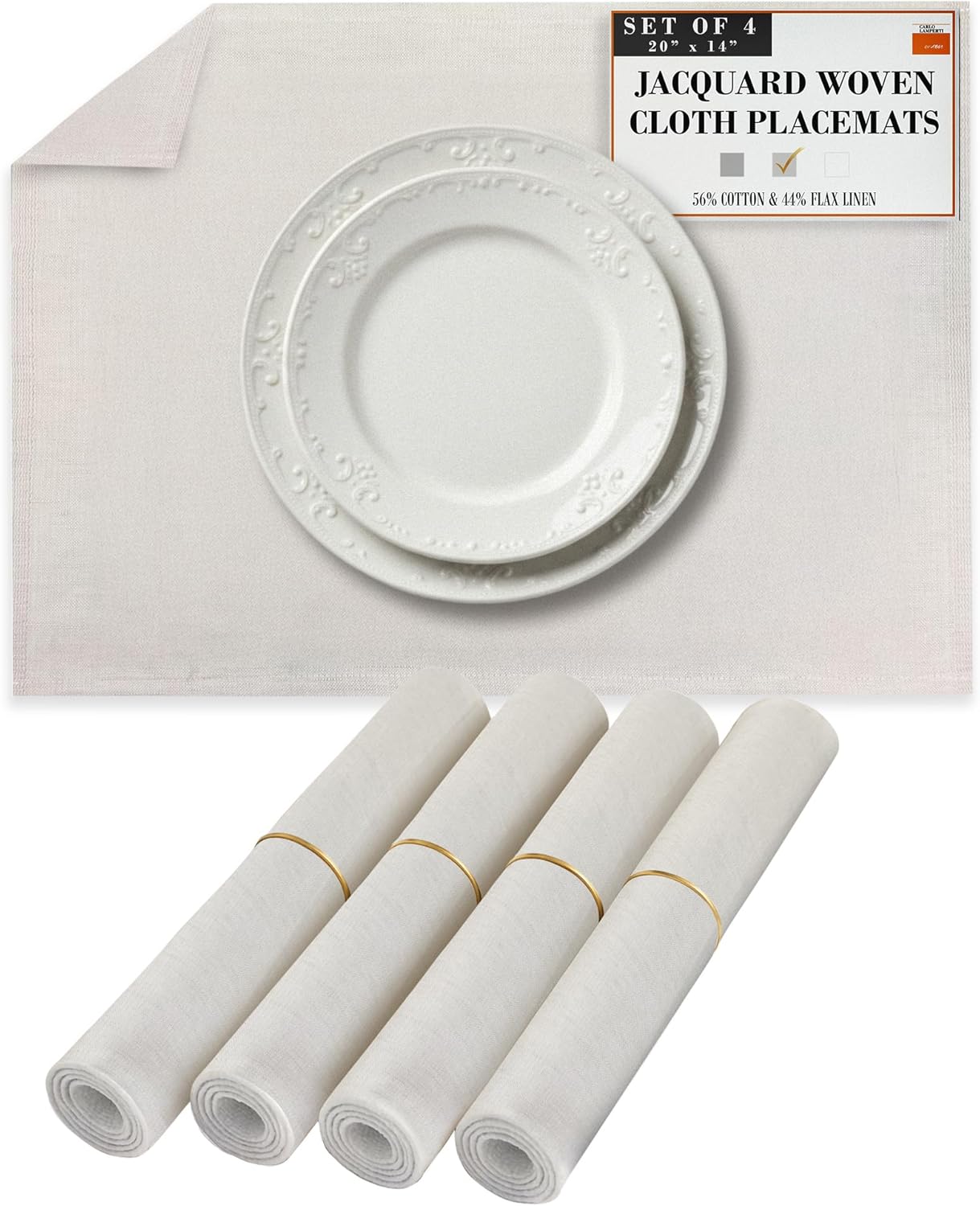 Premium European Cloth Table Linen Placemats - 56% Cotton 44% Linen Fabric, Jacquard Woven Design - for Occasions or Daily Use - Machine Washable - Carlo Lamperti Italy - Natural, 20"x14" (Set of 4)