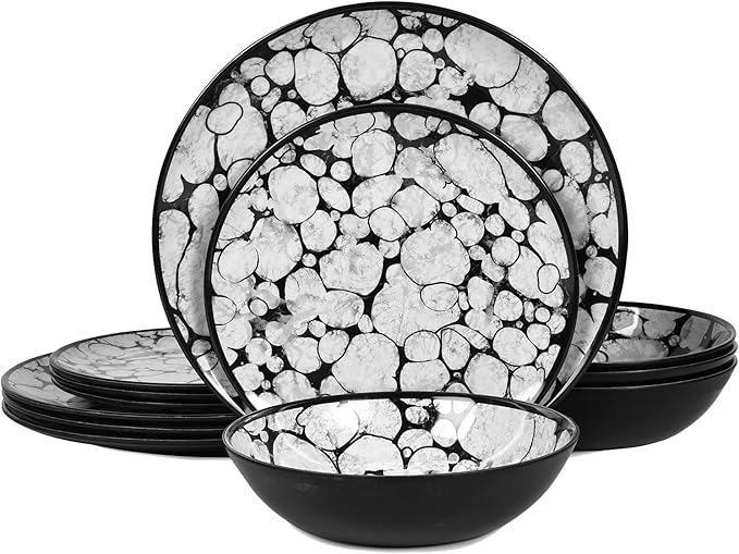 Melamine Dinnerware Sets 12pcs Rustic Farmhouse Dinner Dishes Set Lightweight Service for 4 Plastic Plates and Bowls Set, Modern Gray Bubble