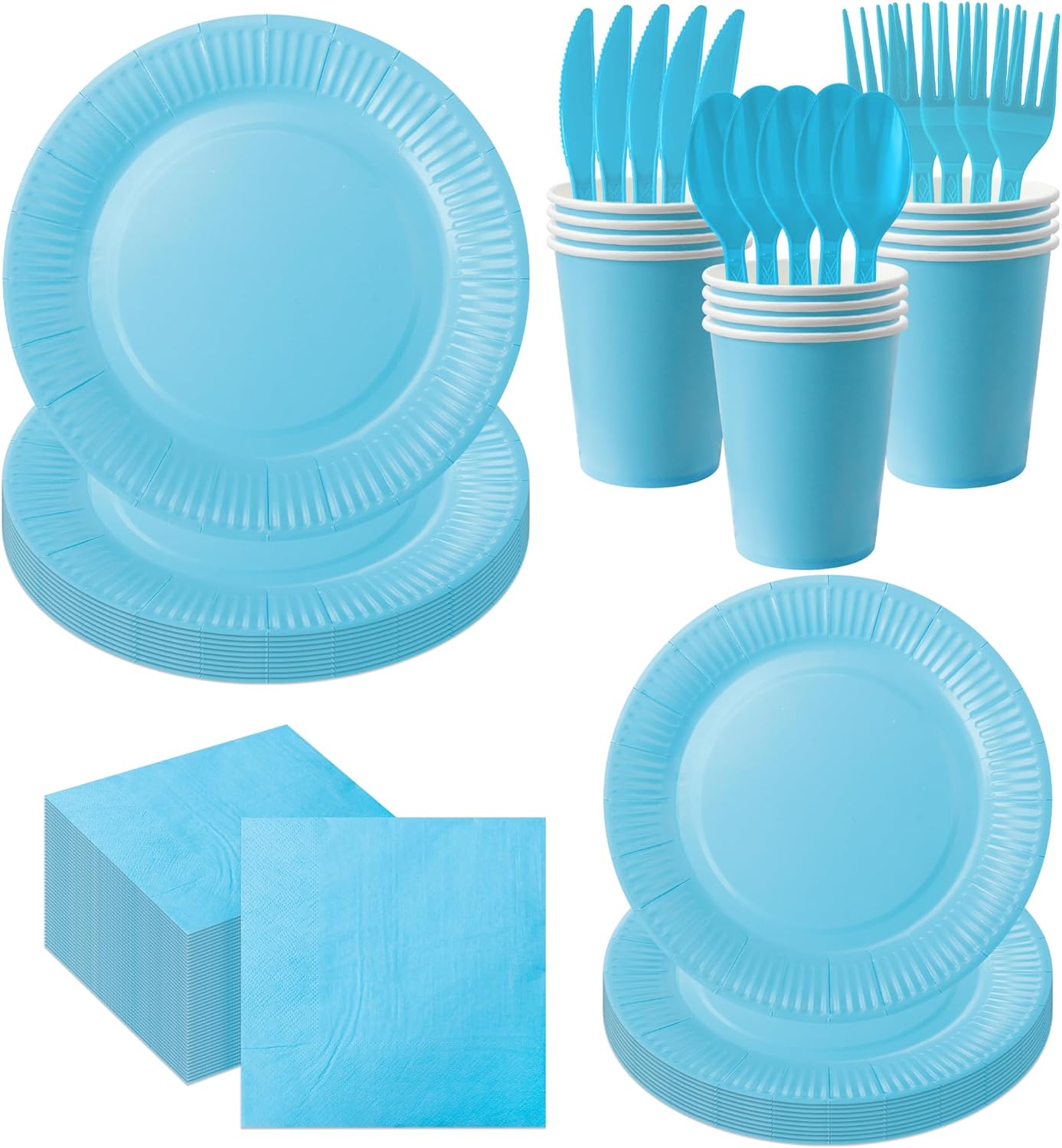 210pcs Thanksgiving Light Blue Paper Plates Disposable Tableware Party Supplies- Includes 9" Dinner Plates, 7" Dessert Plates, 9oz Paper Cups, Napkins, Plastic Forks