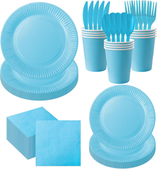 210pcs Thanksgiving Light Blue Paper Plates Disposable Tableware Party Supplies- Includes 9" Dinner Plates, 7" Dessert Plates, 9oz Paper Cups, Napkins, Plastic Forks