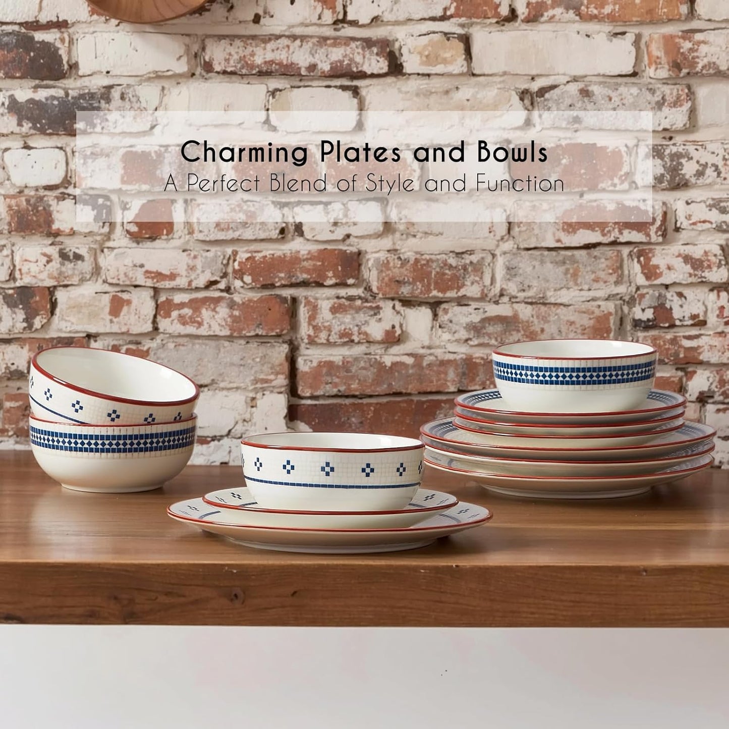 Dinnerware Sets for 8, 24-Piece Stoneware Plates and Bowls Sets for 8 Everyday Dishware Sets for 8, Microwave Safe, Scratch-resistant, Vintage Geometric Design, Service for 8