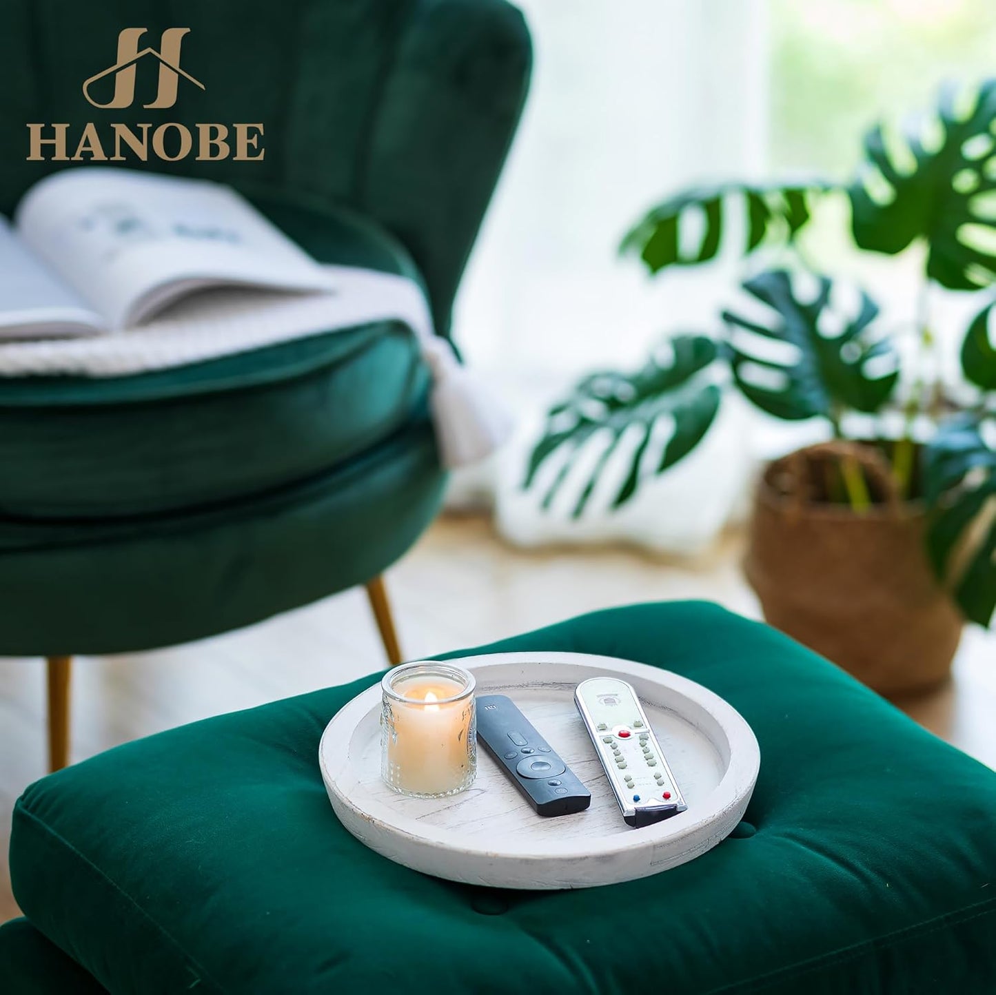 Hanobe Rustic Wooden Serving Tray: Round Wood Decorative Tray Rustic White Centerpiece Candle Holder Trays Farmhouse Ottoman Tray for Decor Kitchen Counter Home Decor for Coffee Table