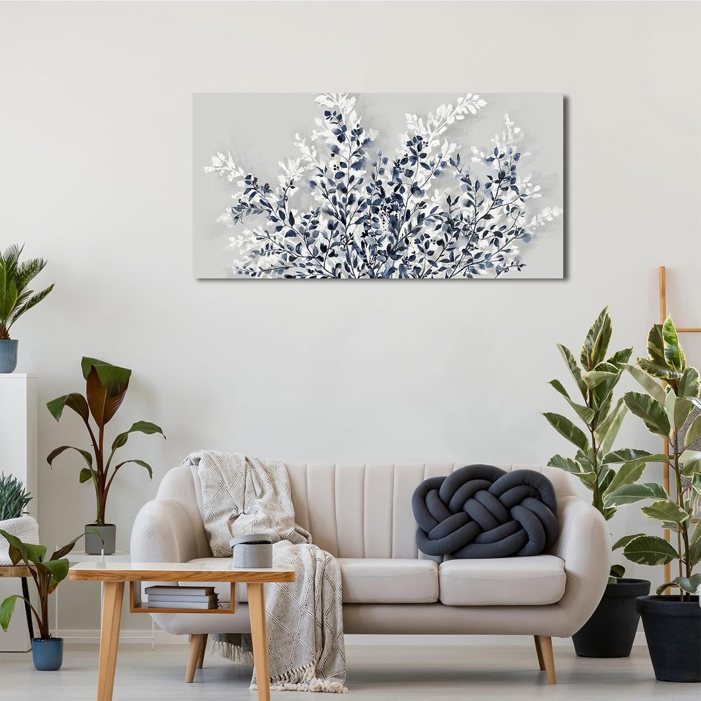 NINEASO Botanical Flowers Wall Art - Indigo Blue and White Floral Canvas Pictures Spring Blooming Painting Gray Background Printing Artwork Living Room Bedroom Home Office Wall Decor 20" x 40"