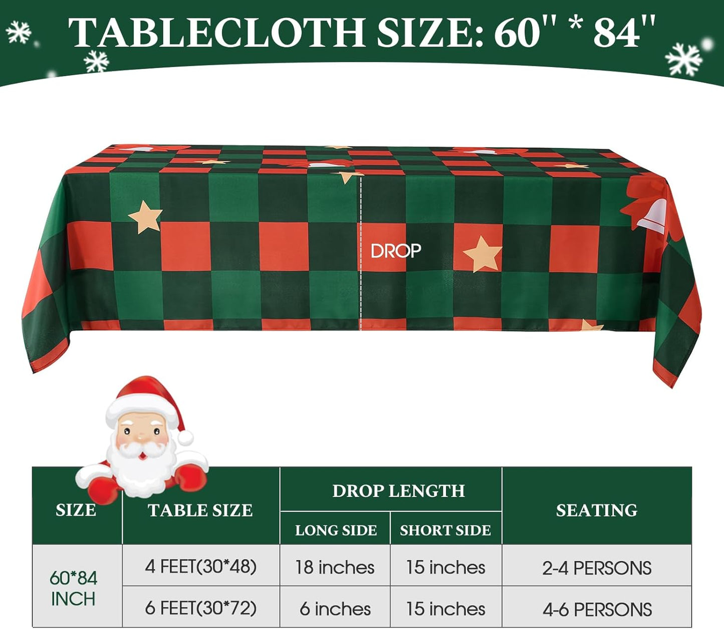 Christmas Tablecloth Rectangular 60x84 Inch Waterproof, Machine Washable Checkered Polyester Table Cover for Xmas Party, Winter Holiday Home Decoration in Festive Checkered Star 1pack