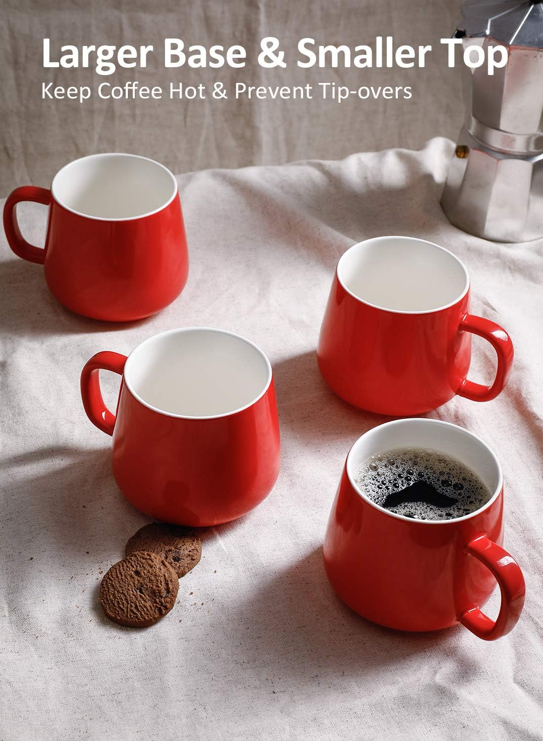Teocera Ceramic Coffee Mug Set of 4-12 oz Coffee Mugs with Large Handles for Hot or Cold Drinks Like Latte, Cocoa, Tea or Juice - Smooth Ceramic, Dishwasher Safe, Red