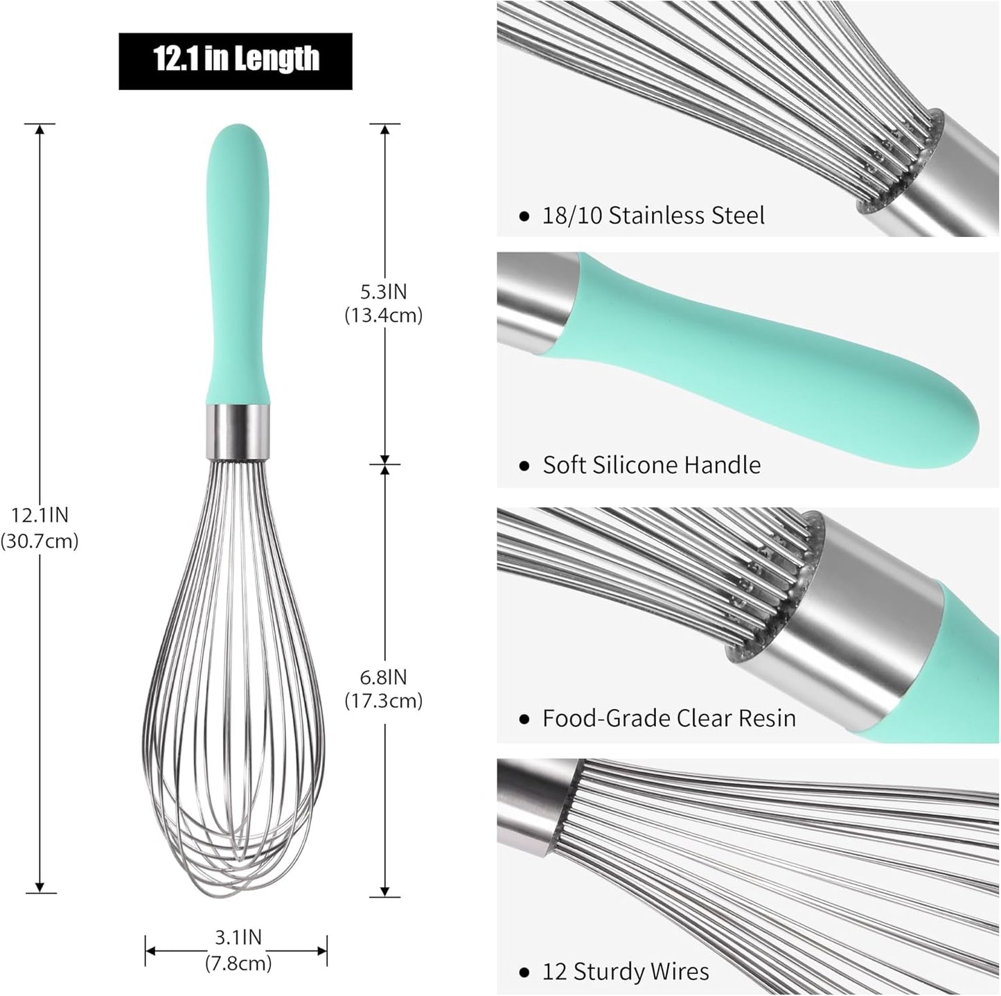 18/8 Stainless Steel Balloon Whisk, Doosu Kitchen Whisk for Cooking Handheld Egg Beater with Rust-Proof Sturdy Wires & Non-Slip Silicone Handle for Beating, Stirring, Blending (12 Wires, Aqua Sky)