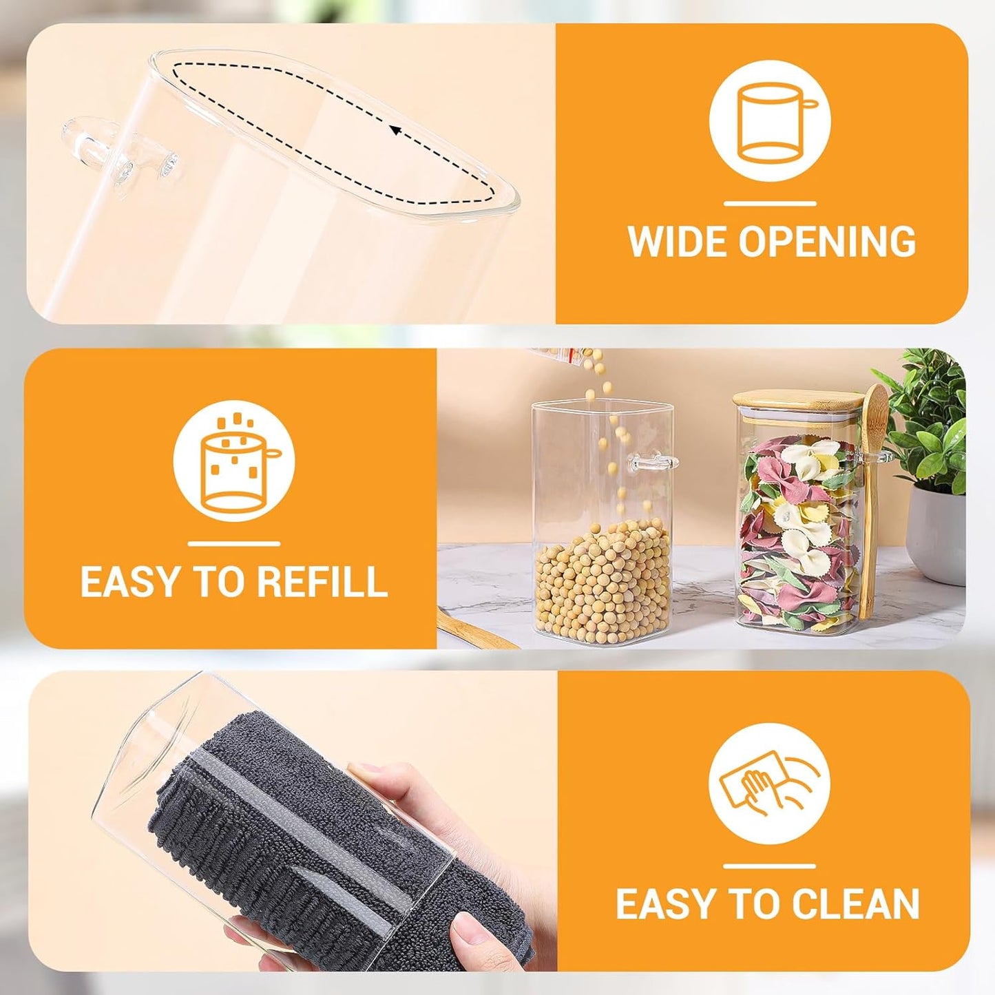 Glass Jars with Bamboo Lids and Spoons - 4 Pack 23 Fl.oz Square Glass Pantry Jars with Airtight Lid, Includes Labels and Marker, Loose Leaf Tea Storage Container for Sugar, Coffee, Oats, Candy