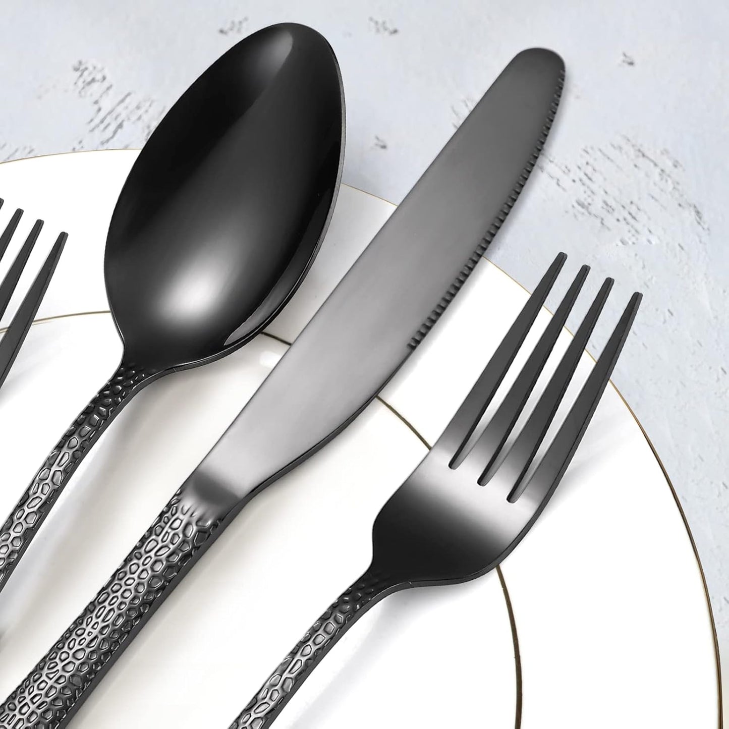 Black Hammered Silverware Set 8 Stainless Steel Flatware Vintage 40 piece include Knife Fork Spoon Proper Weight for Parties Restaurant Utensils and Kitchen Daily Use