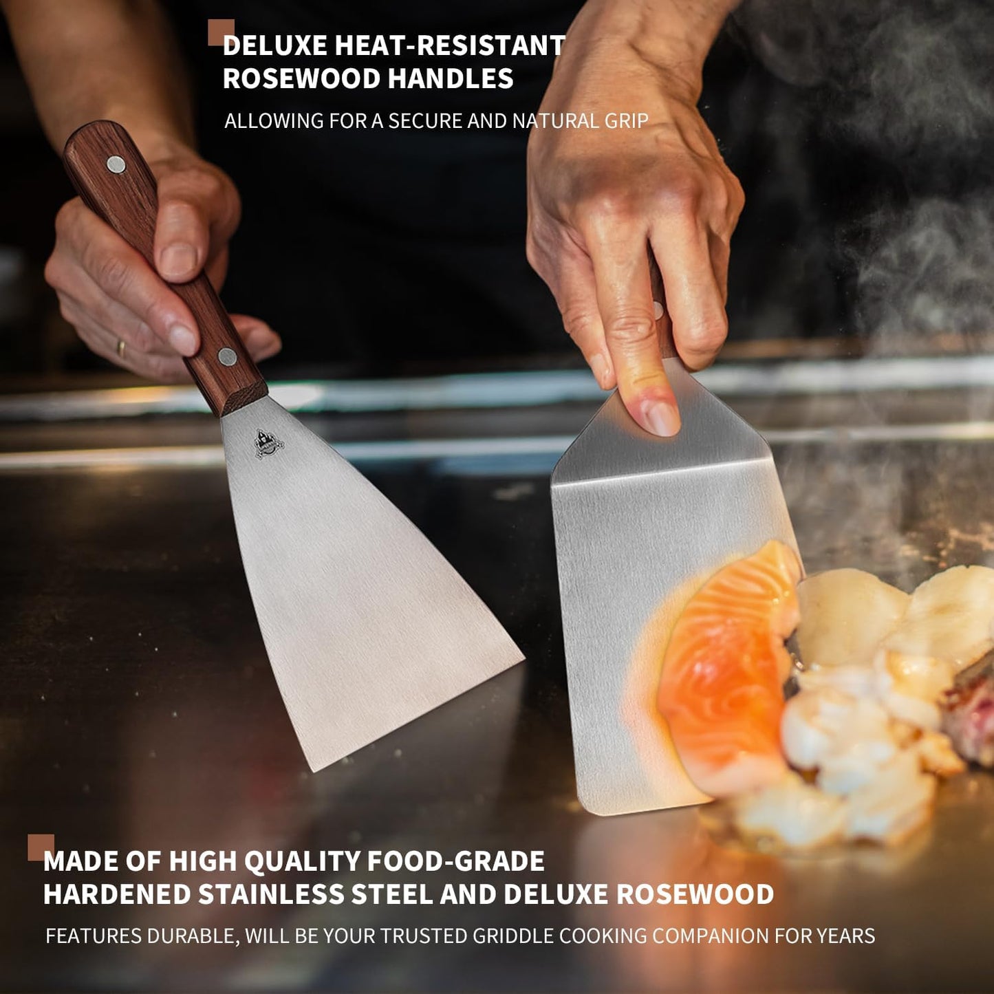 GRILLGEN 6-Piece Professional Griddle Accessories Kit for Griddle Cooking, Premium Rosewood Handles Spatulas Set with Scraper, Santoku Knife, Carving Fork, Storage Bag, Flat Top Grill Accessories