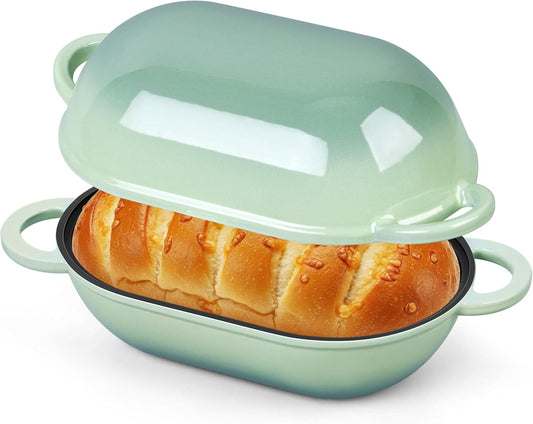 Homikit Enameled Cast Iron Dutch Oven for Bread Baking, 2.8 QT Oval Bread Oven Pot with Lid, Sourdough Loaf Iron Dutch Oven Pan for Roasting Cooking, Pistachio Green & Heavy Duty