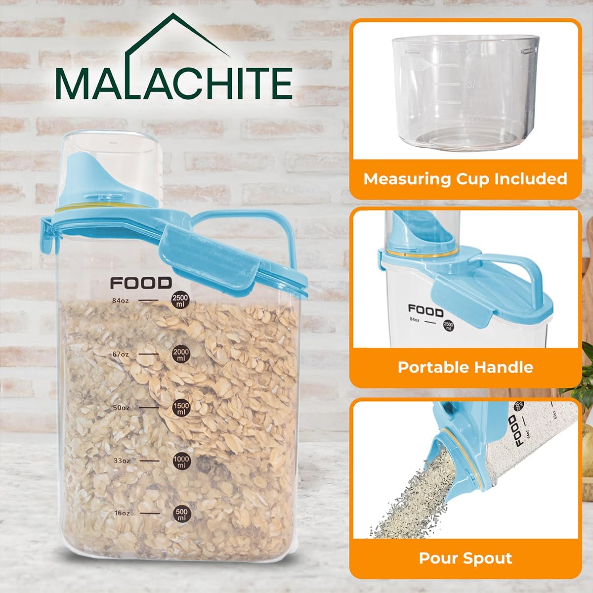 Two Pack Food & Cereal Storage Container - 2.6L Airtight Plastic Kitchen Organizer Bin with Pouring Spout, Measuring Cup Lid, Ideal for Dry Food, Rice, Sugar, Pet Food dispenser - BPA free (Blue)