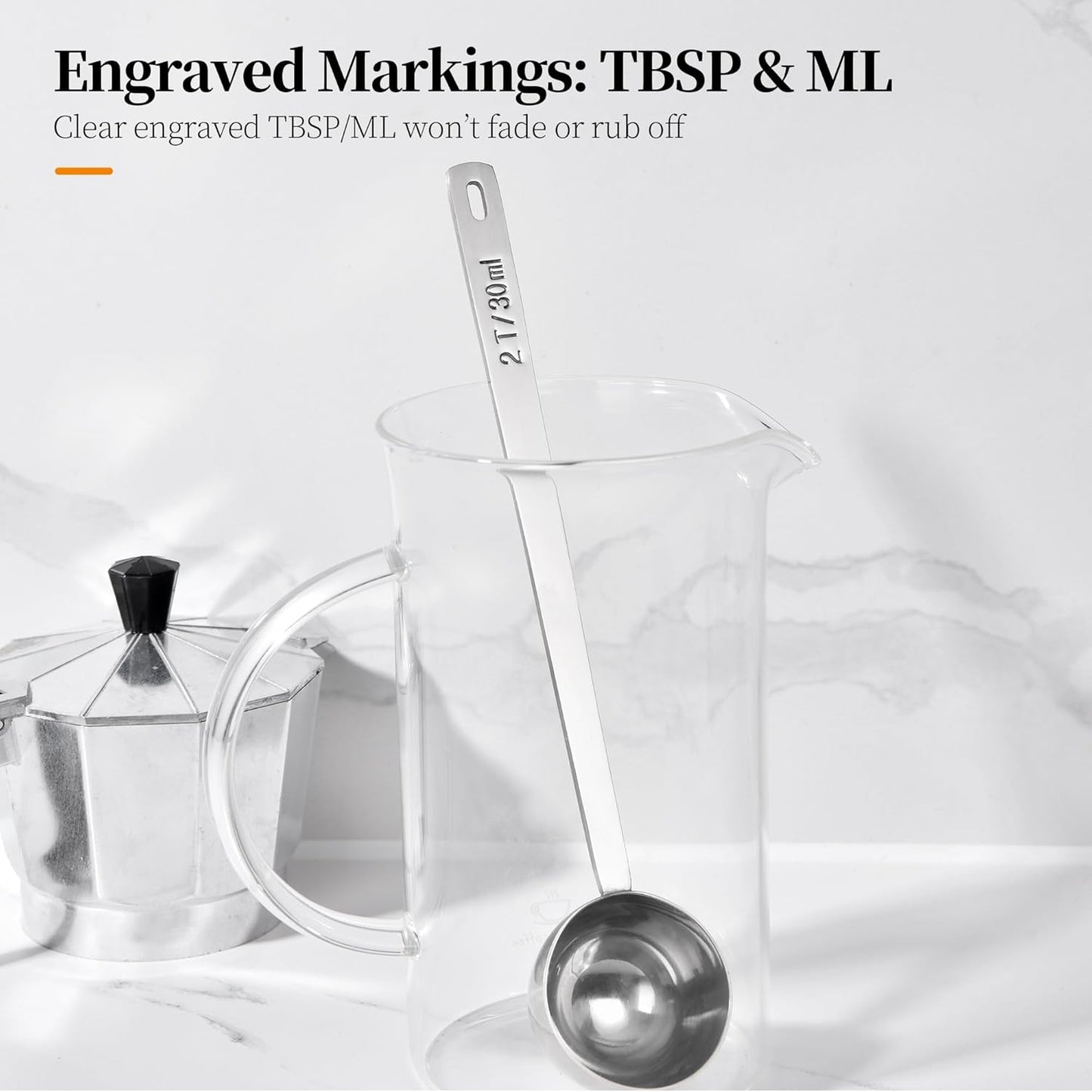 Long Handle Coffee Scoop: 8.6 Inch 18/8 Stainless Steel 2 Tablespoon Metal Measuring Spoon Tbsp Scoop for Coffee Beans, Grounds Coffee, Coffee Powder, Tea, Tall Jars (2Tbsp/30ml)