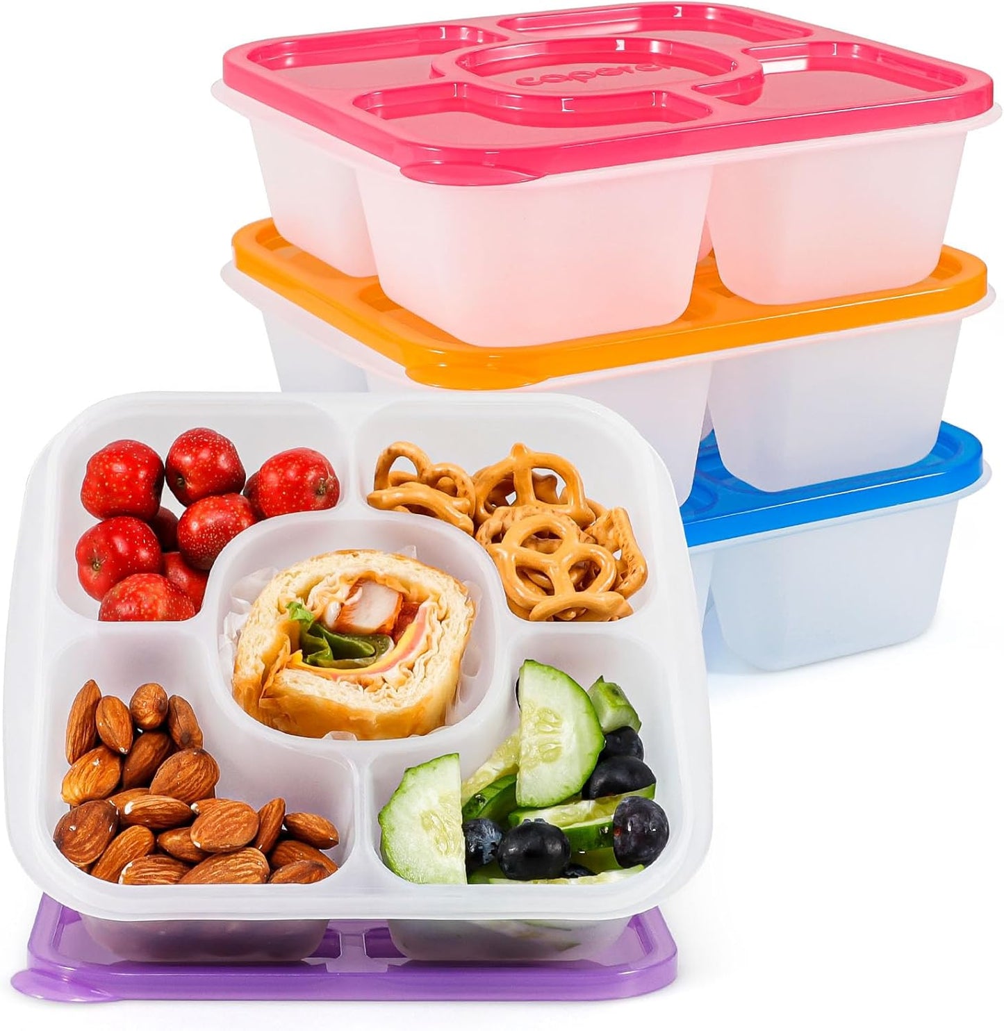 Caperci Original Lunchable Snack Containers - Bento Snack Boxes with 5-Compartment, Reusable Food Containers for School, Work and Travel, BPA-Free, Set of 4 (Classic)