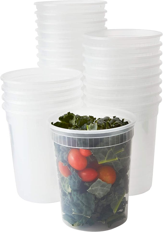 Deli-Grade BPA-Free 32oz Plastic Containers with Lids 24ct. Leakproof Microwavable Portion Container for To-Go Orders, Food Prep and Storage. Reusable Takeout Cups for Restaurant, Cafe and Catering.