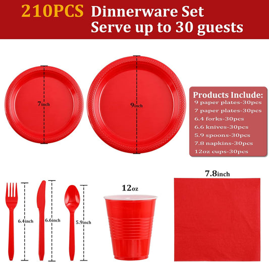 WELLIFE 210Pcs Red Plastic Plates, Disposable Dinnerware Set, Party Supplies Including Red plates, 12oz Cups, plastic Cutlery and Napkins Serve 30 Guests, Plastic Plates for Party
