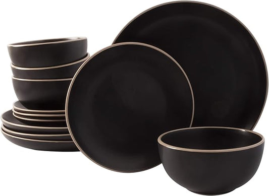 Gibson Home Rockaway 12-Piece Stoneware Dinnerware Set, Service for 4 – Modern Round Plates and Bowls, Dishwasher & Microwave Safe, Black