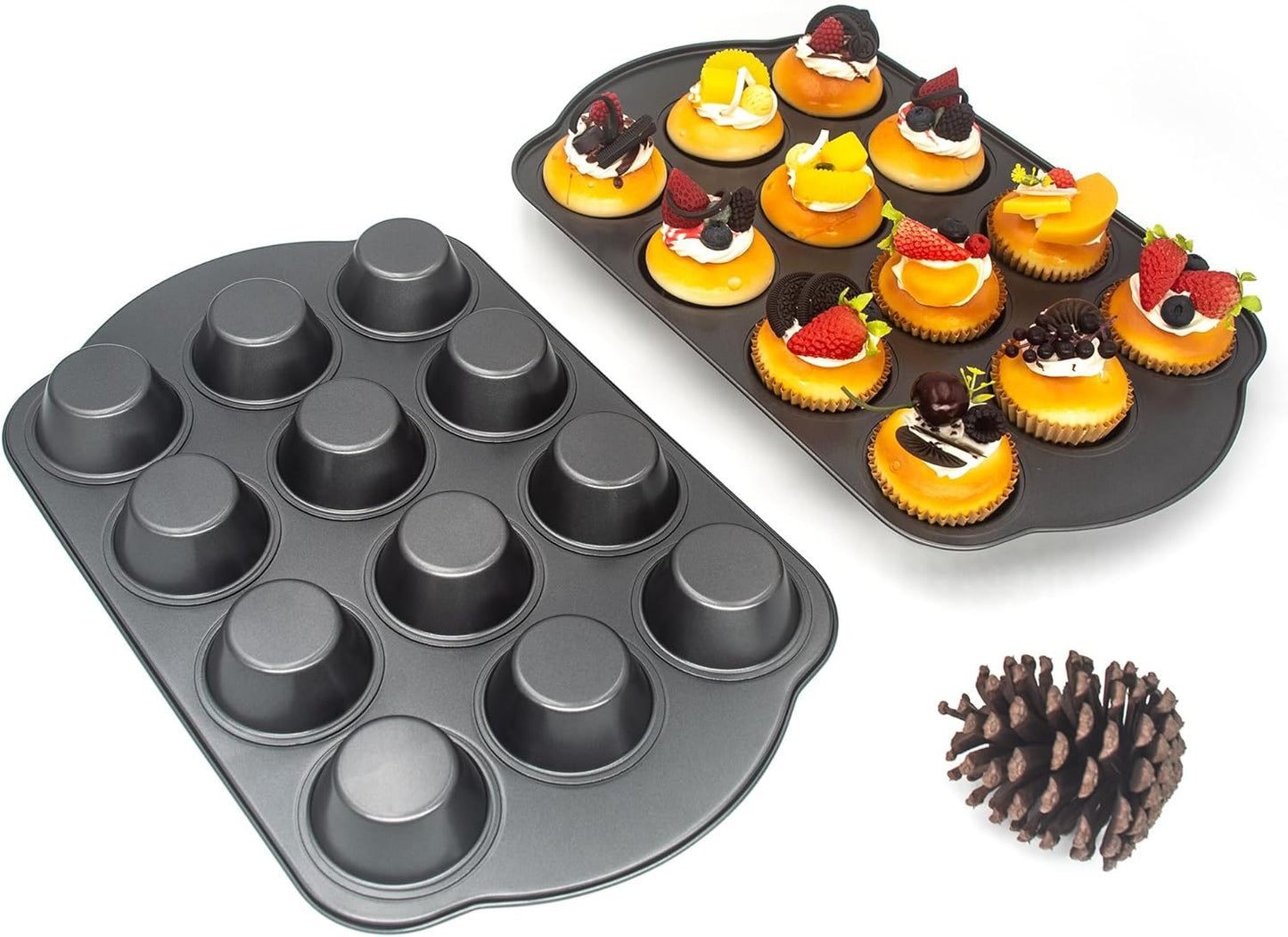 Non-Stick Standard Muffin Pans, 2.95" 12-Cup Set of 2 Baking Pans, Heavy Duty Carbon Steel Tins for Standard Muffins & Cupcakes