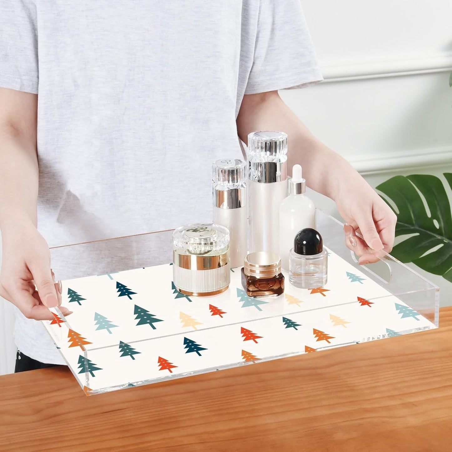 Acrylic Serving Tray with Handles Spill Proof Kitchen Storage Tray Clear Decorative Tray Makeup Drawer Organizer Storage Tray for Bathroom Living Room Ottoman 15.7x11.8Inches