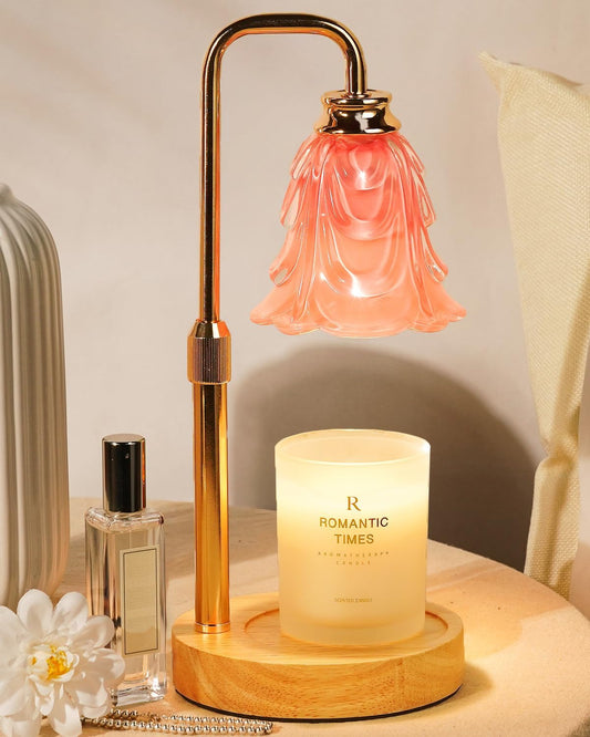 Small Candle Warmer Lamp with Timer, Adjustable Pink Flower Candle Heat Lamp, Unique Women's Gifts for Birthday, Dimmable Candles Heater, Christmas Gifts, Fashion Wax Warming Light with Wood Base
