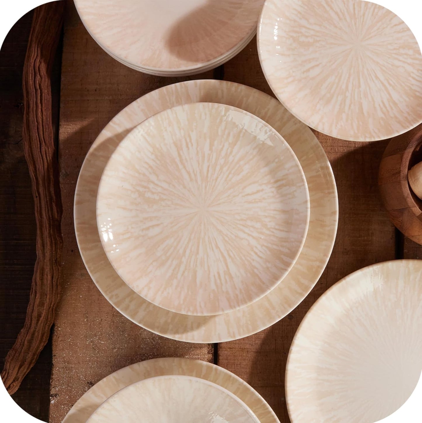 Corona 12-Piece Light Sandy Beige Ceramic Dinnerware Sets, Plates and Bowls, Service For 4, Nyssa