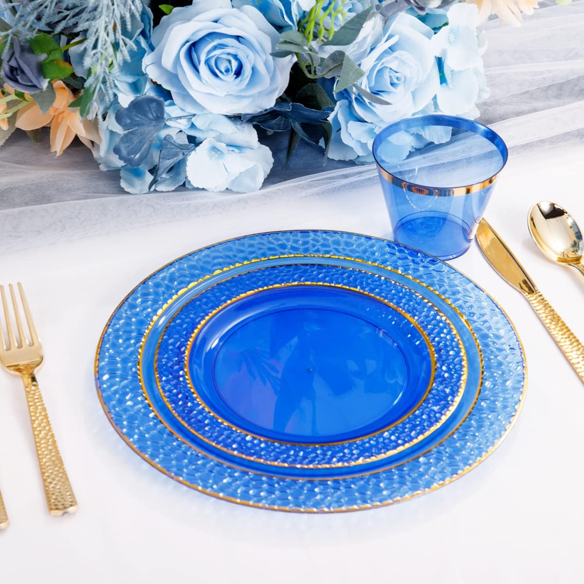 Nervure 150PCS Clear Blue Plastic Plates - Gold Party Plates - Blue and Gold Dinnerware Set Include: 50 Disposable Plate, 25Cups, 25Forks, 25Knives, 25Spoons for Wedding & Party & Father's Day