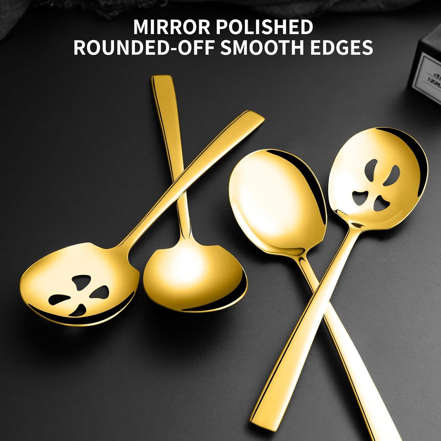 8 Piece Stainless Steel Serving Spoons Set - 4 Large, 4 Slotted, 9.2-Inch, Dishwasher Safe, for Parties/Kitchen/Buffet/Catering,Gold