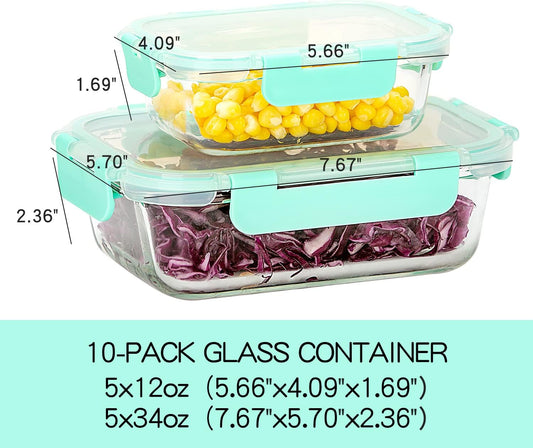 UMEIED 10 Pack Glass Food Storage Containers with Lids Leakproof, Airtight Glass Meal Prep Containers For Lunch, On The Go, Leftover, Dishwasher Safe