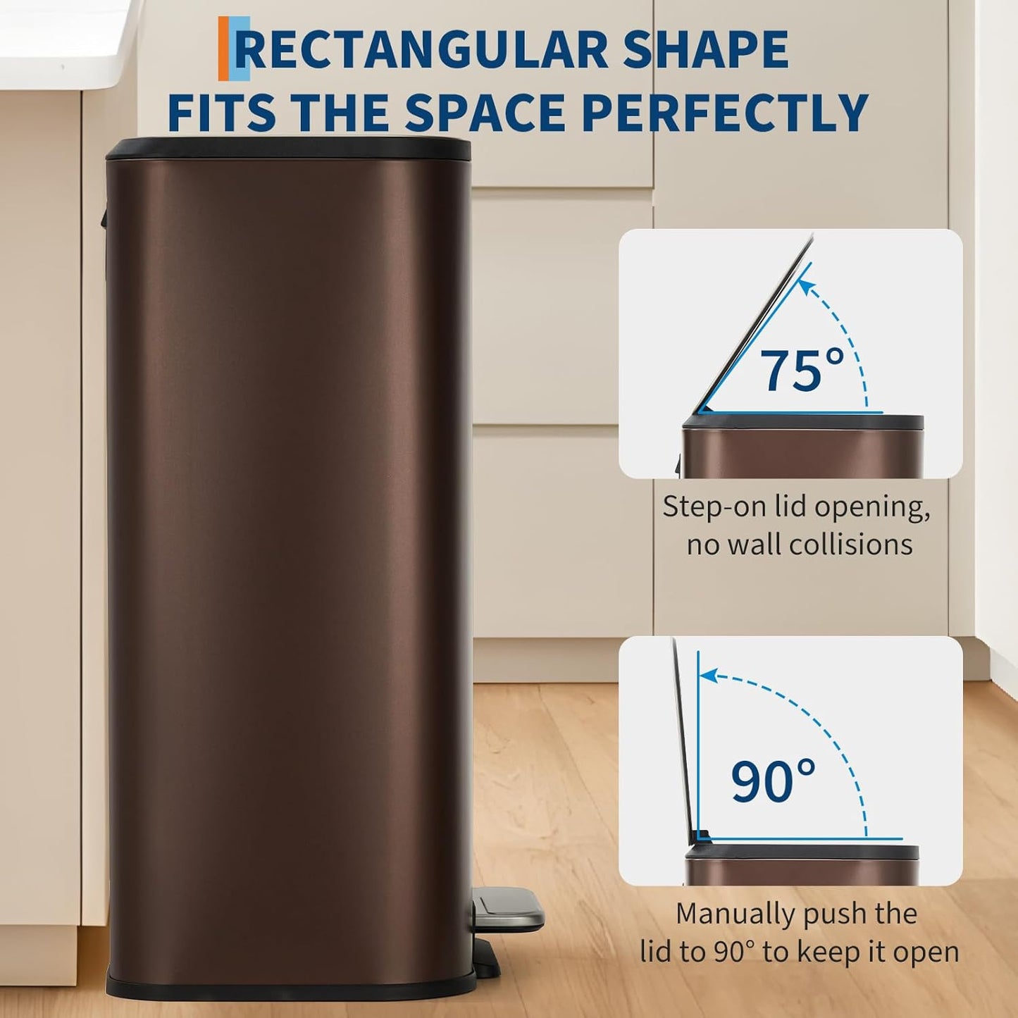 8 Gallon Trash Can for Kitchen, Stainless Steel Garbage Can with Soft-Close Lid, Rectangular Trash Can with Step-On Pedal and Inner Bucket for Home Office Bathroom Living Room, Brown