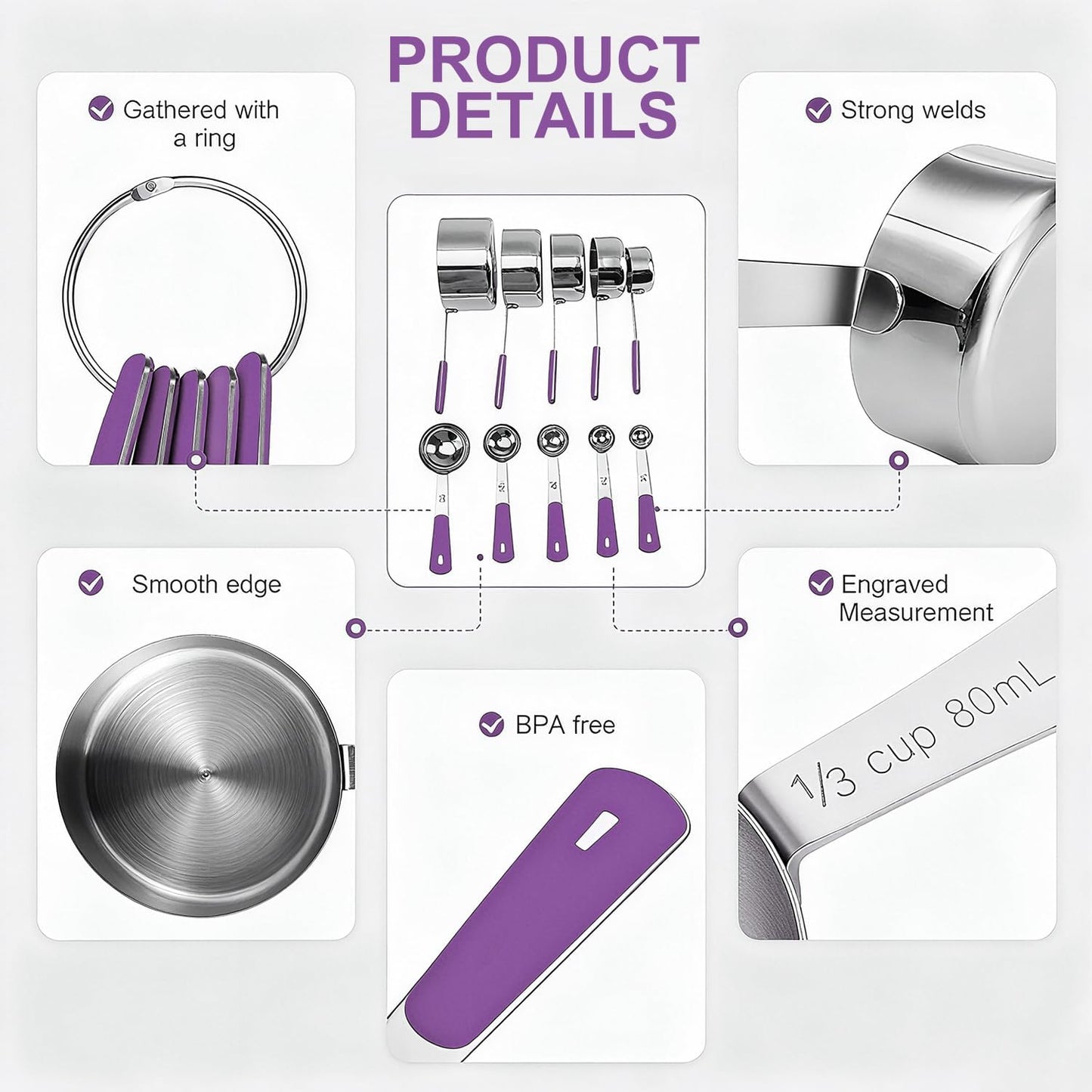 Measuring Cups and Spoons Set, Stainless Steel 10 Piece for Cooking and Baking (5 Cups + 5 Spoons, Purple Handle)