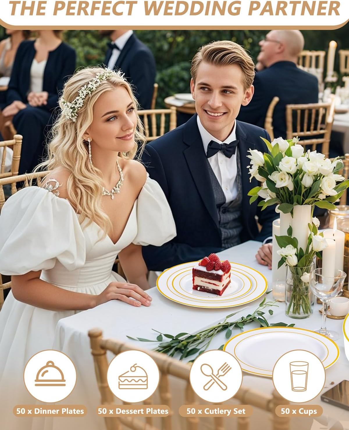 GATHER 350PCS White and Gold Plastic Plates - Disposable Plastic Dinnerware Set Include 50 Dinner Plates, 50 Dessert Plate, 150 Silverware, 50 Napkins, 50 Cups for Party & Wedding & Thanksgiving