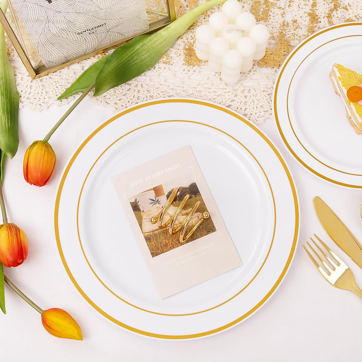 I00000 300 Pcs Gold Plastic Plates with Silverware, White and Gold Plastic Dinnerware Set for Party include: 60Dinner Plate 10.25", 60Dessert Plate 7.5", 60 Silverware Sets for christmas