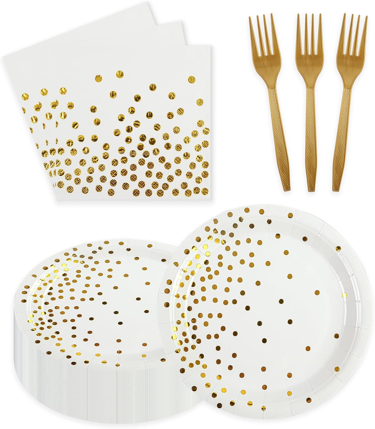 90PCS White and Gold Paper Plates and Napkins Set, Disposable Gold Dot Party Plates with Napkins Forks Dessert Dinnerware Party Supplies for Wedding, Graduation, Festivals