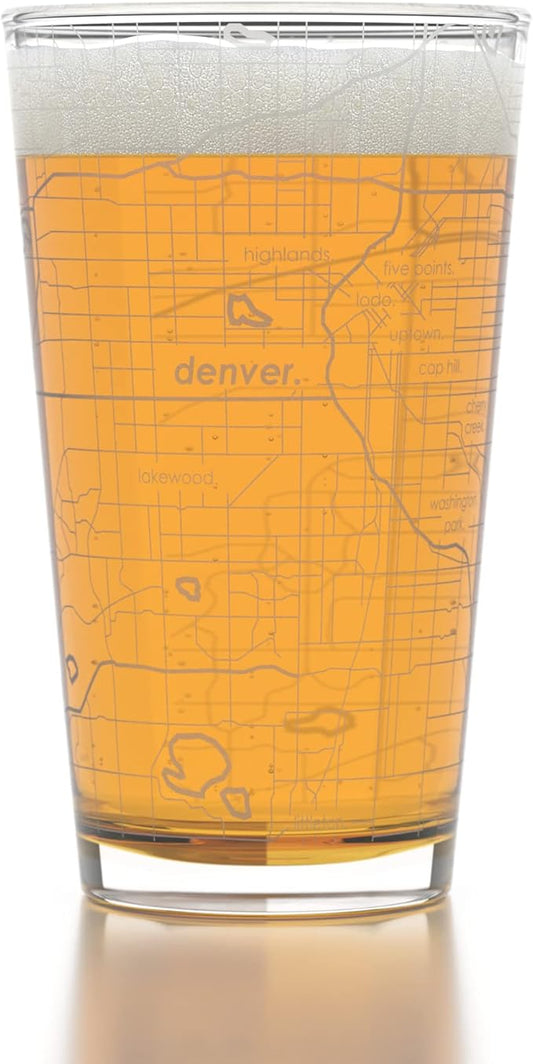 Well Told Engraved Denver Colorado Map Pint Glass, Etched Beer Gift (16 oz, Clear) City Map Pint, Custom City Glassware, Gifts For Beer Lovers