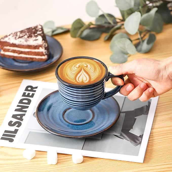 Hasense Ceramic Cappuccino Cups and Saucers Set of 4, 8 oz Tea Coffee Cups Set for Home and Office, Espresso Mugs for Coffee, Cappuccino, Latte, Americano, Milk and Tea - Navy Blue