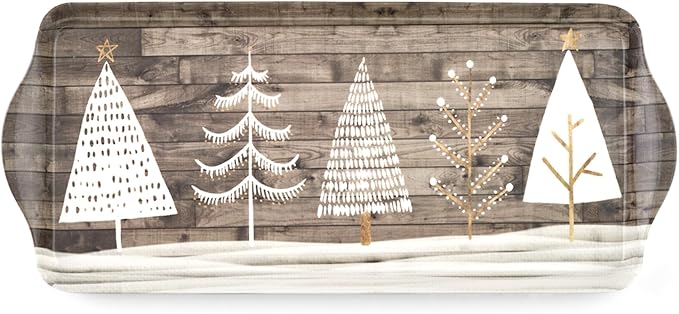 Pimpernel Home Collection Rectangular Melamine Tray – (15" x 6.5") Lightweight Serving Platter with Wood Finish & White Evergreen Design, Decorative Accent for Tabletop, Dining & Entertaining