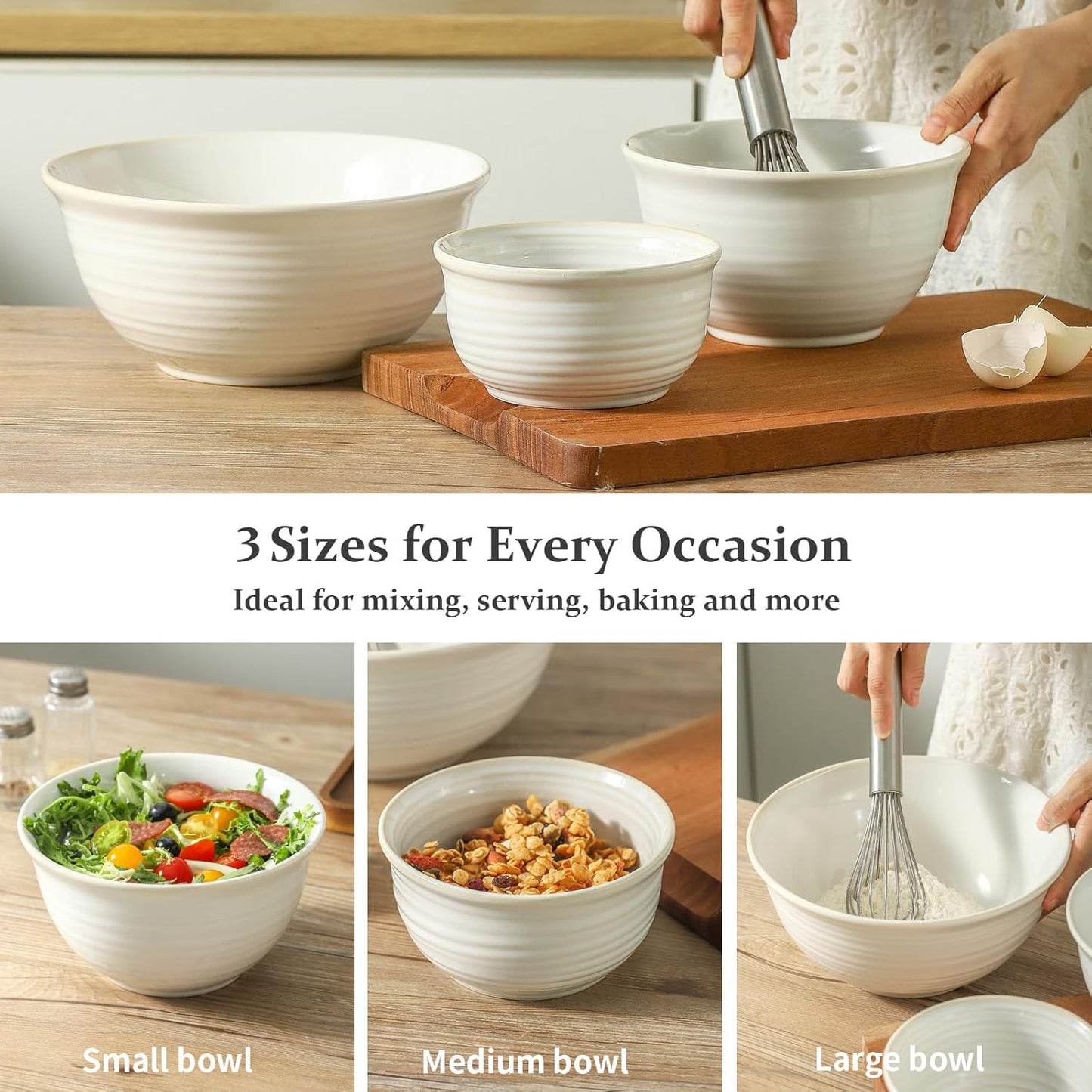 Hasense Ceramic Mixing Bowls Set, 2.1/1.0/0.5 Qt, Handmade Salad Serving Bowls for Kitchen, Deep Nesting Dishes for Storage and Baking, Microwave Dishwasher Safe, Clay-Infused White