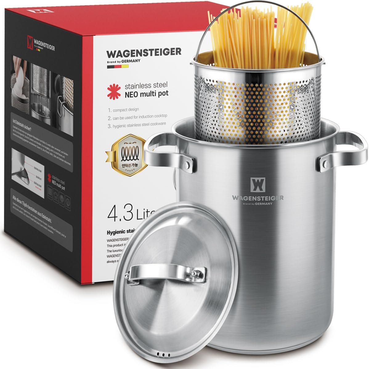 Premium Stainless Steel Asparagus Steamer Pot or Spaghetti Pasta Stovetop Cooker with Perforated Steamer Basket, Tall & Large Size, Versatile Cookware, 3-Ply Base(4.3Liters/1.14Gals)