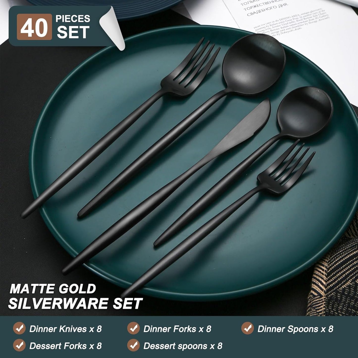 40 Pieces Matte Black Silverware Set, Stainless Steel Black Flatware Set for 8, Satin Finish Spoons and Forks Silverware Set, Black Cutlery Utensils Set, Dishwasher Safe