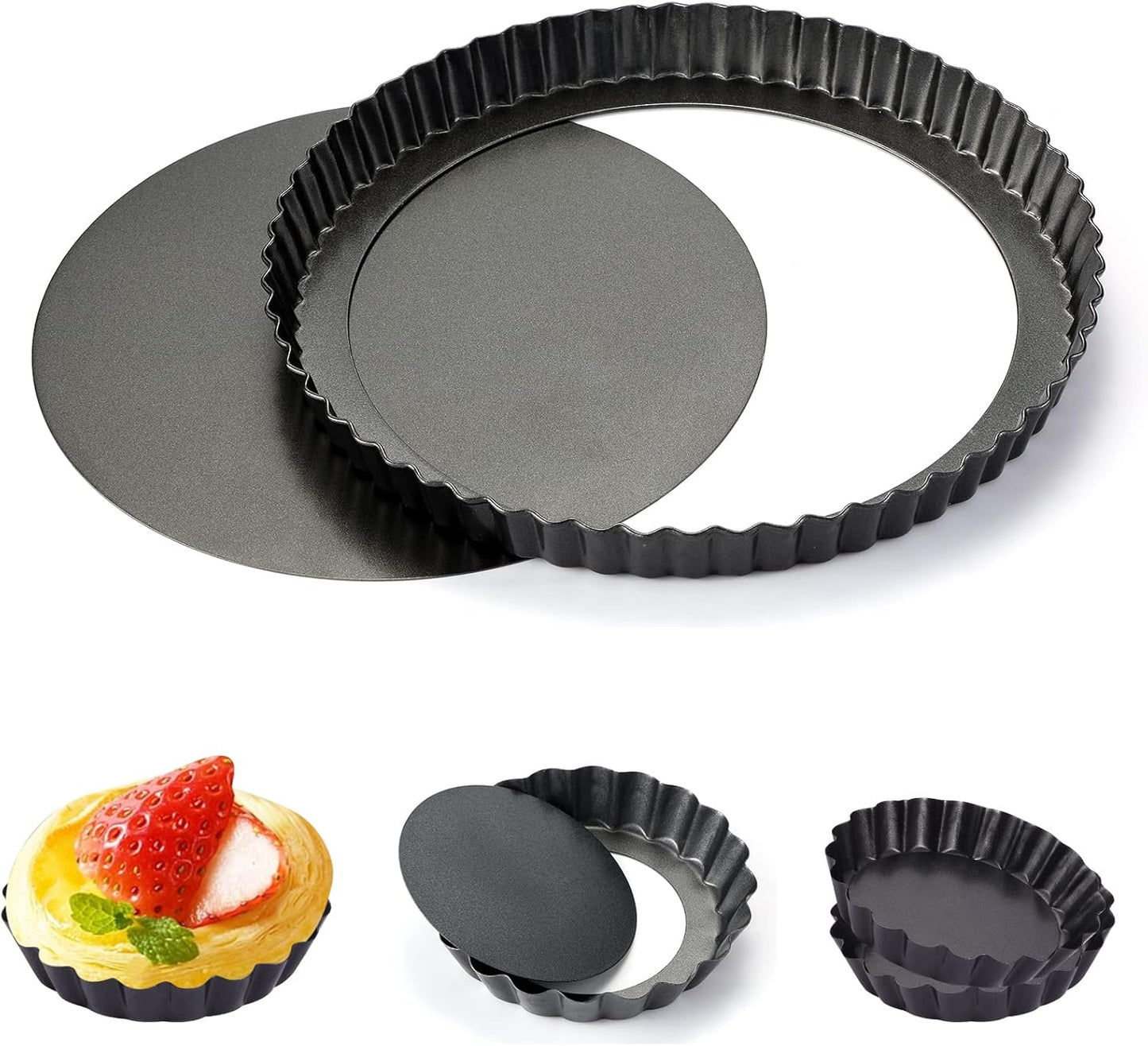 Theuzi 9 in Non-Stick Tart and Quiche Pan with Removable Bottom and 4 Mini Tart Pans 4-inch, Heavy Duty Fluted Side for Pies, Mousse Cakes, Dessert Baking (5 Pack)