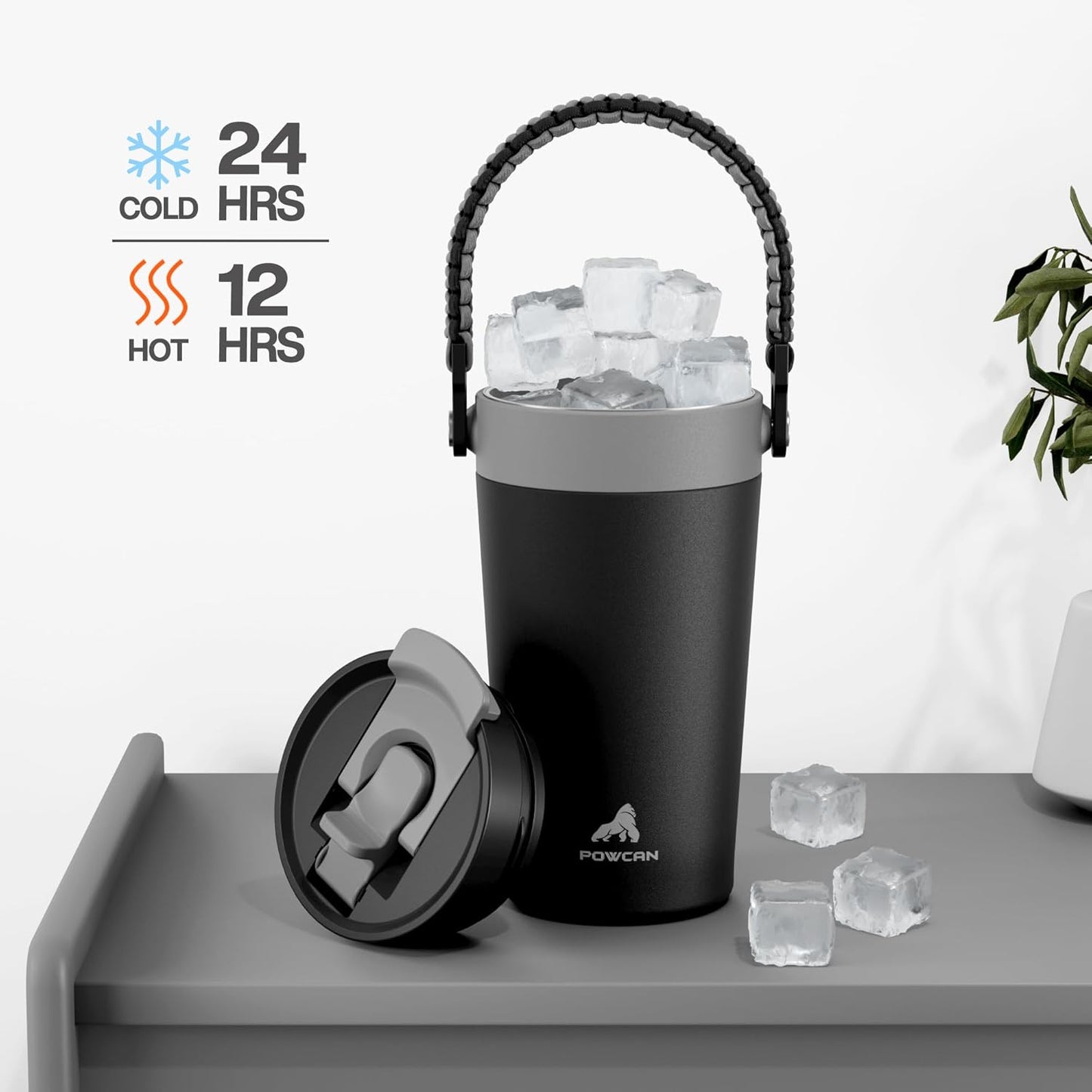 16 oz Insulated Coffee Mug for Travel: 2-in-1 Straw Flip Lid, Keep Cold 24H, Fit in Car Cupholder, Leakproof, Stainless Steel Coffee Tumbler with Handle for Work, Outdoor, Gifts and Home (Midnight)