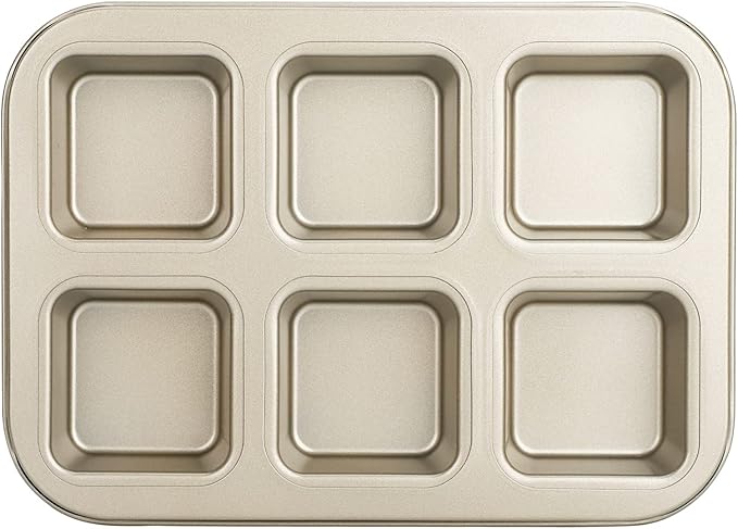 Beasea Brownie Pan, 1 Pack 6 Cavity Gold Nonstick Square Mini Brownie Muffin Cake Pan Cheesecake Cupcake Bakeware Carbon Steel Brownie Baking Tray 2x3 Individual Cutter Bakeware for Oven Baking