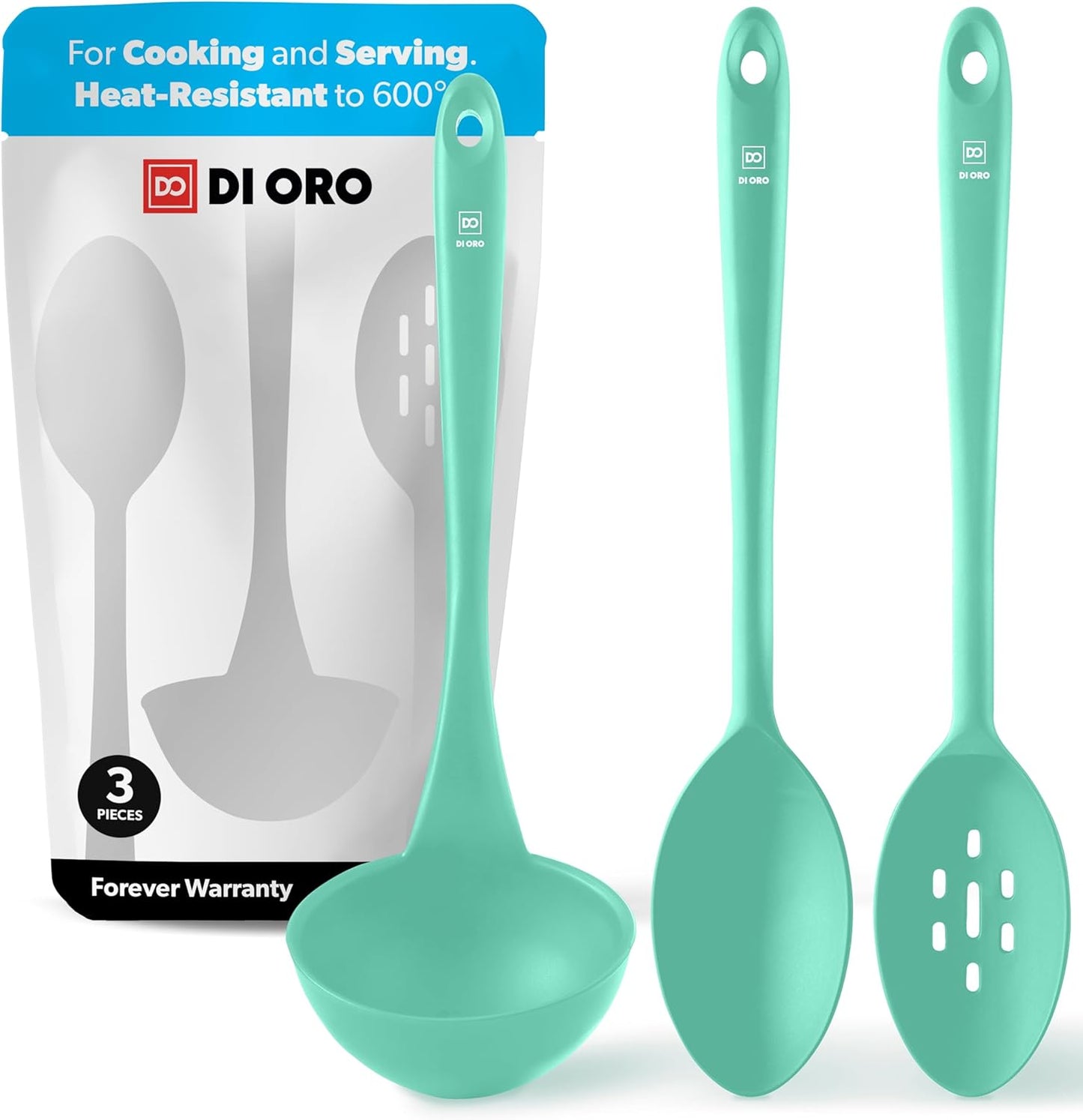 DI ORO Silicone Ladle & Spoons for Cooking – Large Kitchen Spoons for Mixing, Serving, & Stirring - Soup Ladle with Wide Bowl - High Heat Silicone Kitchen Utensils for Nonstick Cookware Safe (Mint)