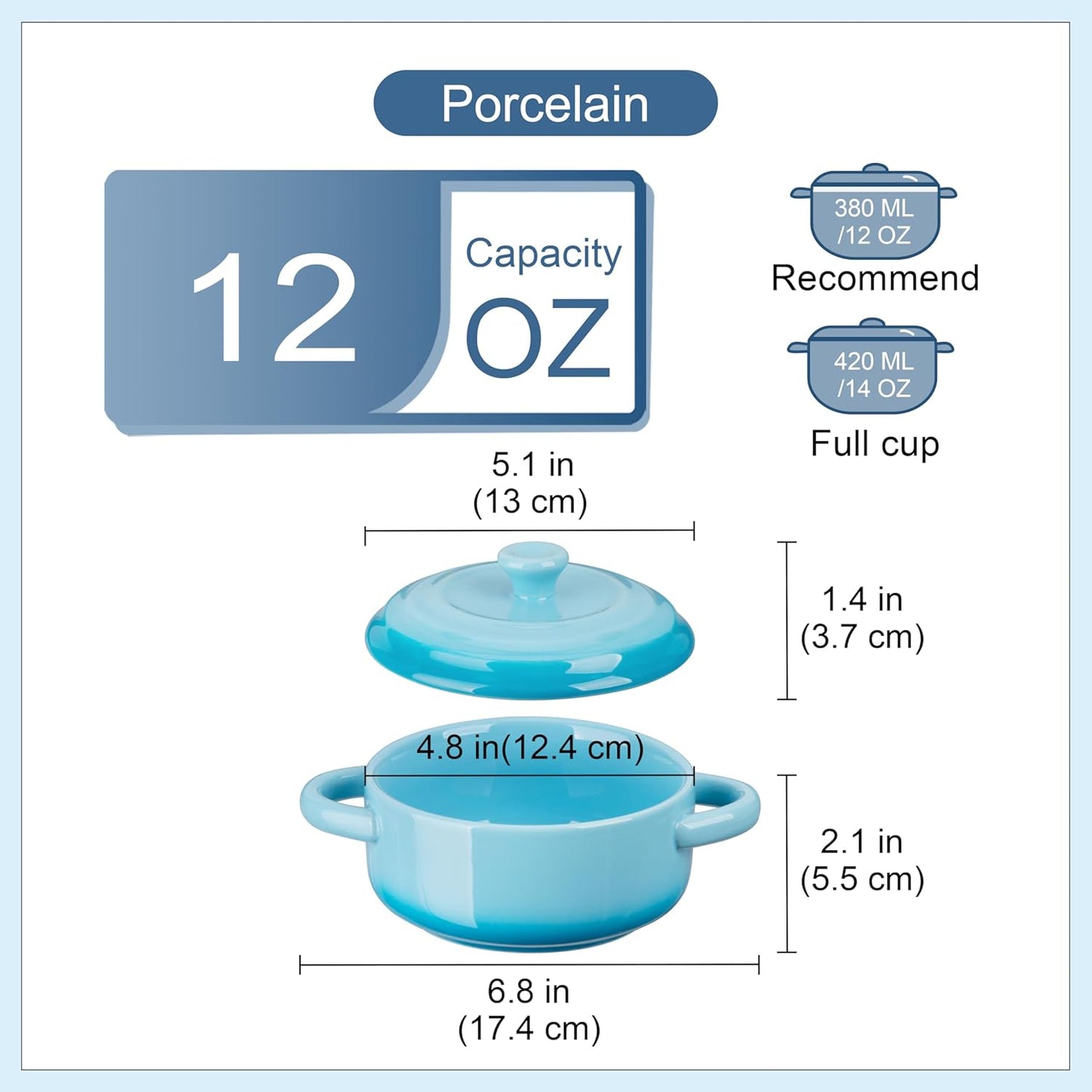 LOVECASA Mini Cocotte Set, 12 OZ Small Casserole Dishes with Lids, Soup Bowls With Handles, Individual Ramekins, Oven, Microwave & Dishwasher Safe, Set of 4, Blue