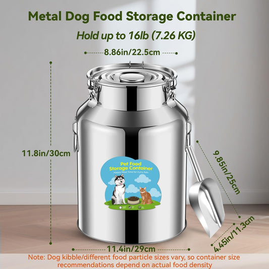 16lb Stainless Steel Dog Food Storage Container, Metal Pet Storage Container with Airtight Hangable Lid to Keep Food Fresh, Large Cat Food Storage Container with Scoop to Easily Clean