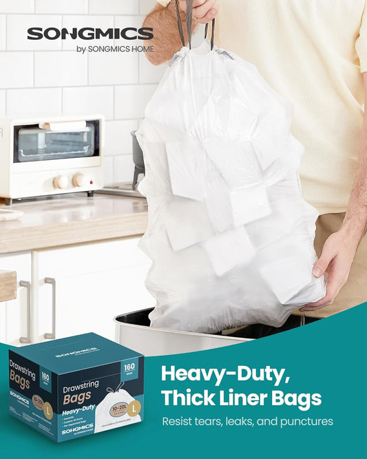 SONGMICS Trash Bags for 5.3 Gallon (20 L) Trash Cans, Drawstring Kitchen Garbage Bags, Pre-Separated, Quick-Dispense Box, Liner Code L, 4 Rolls, 160 Count, White UKRB021A04