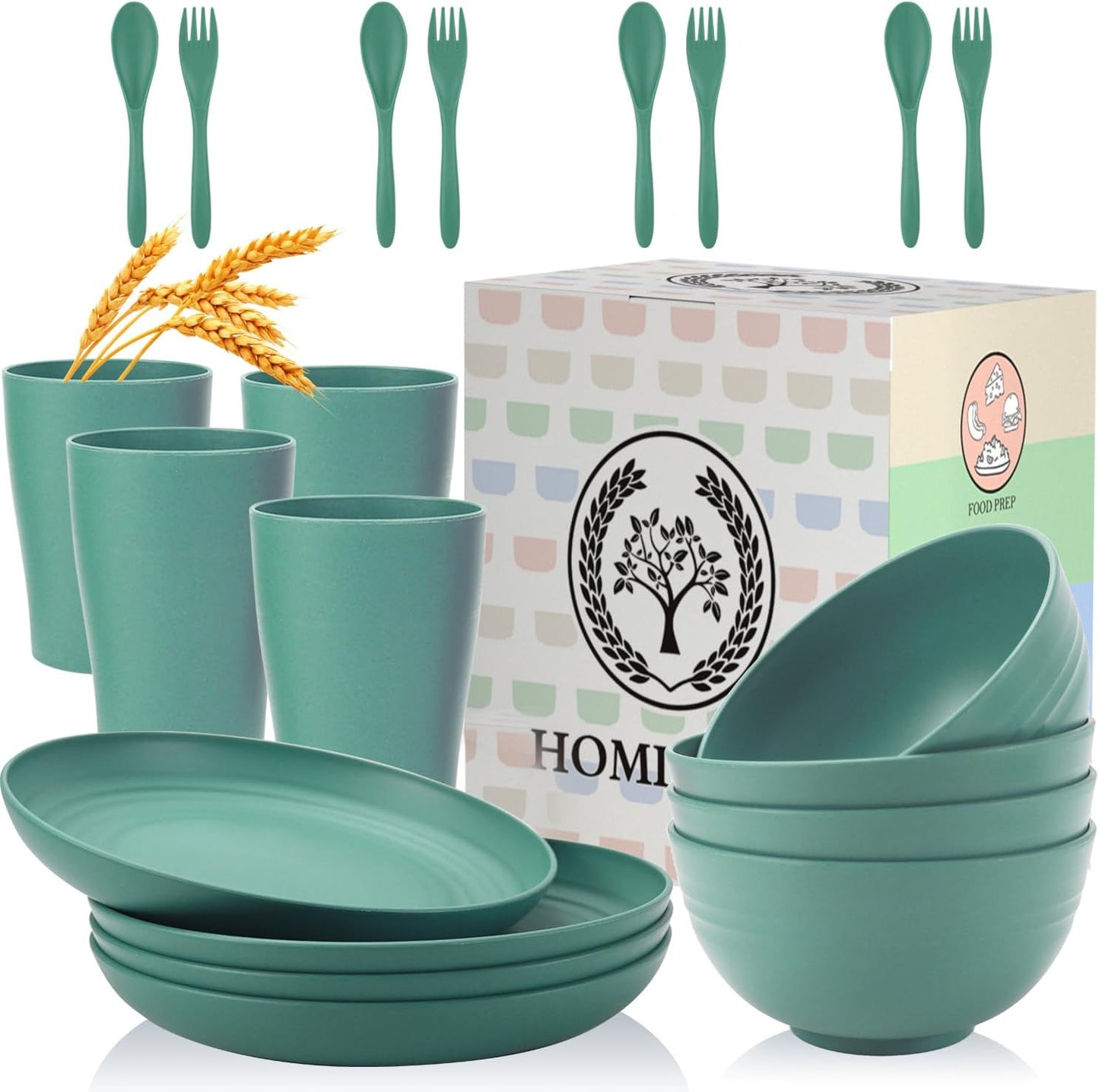 Wheat Straw Dinnerware Sets, Homienly 20pcs Unbreakable Microwave Dishwasher Safe Tableware Lightweight Bowls, Cups, Plates Set Reusable Dinner Plates Bowls set (Green)