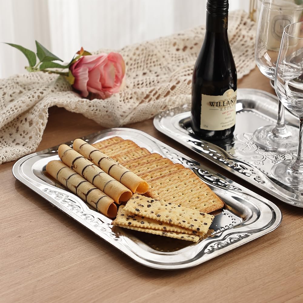 4-Pack Silver Serving Trays Set - ZENOVLUX Bow Floral Engraved Mirror Decorative Tray, 13.8" x 8.7" Party Platters for Whiskey, Cookies, Charcuterie, Snacks, Desserts, Fruit, Party Food Display