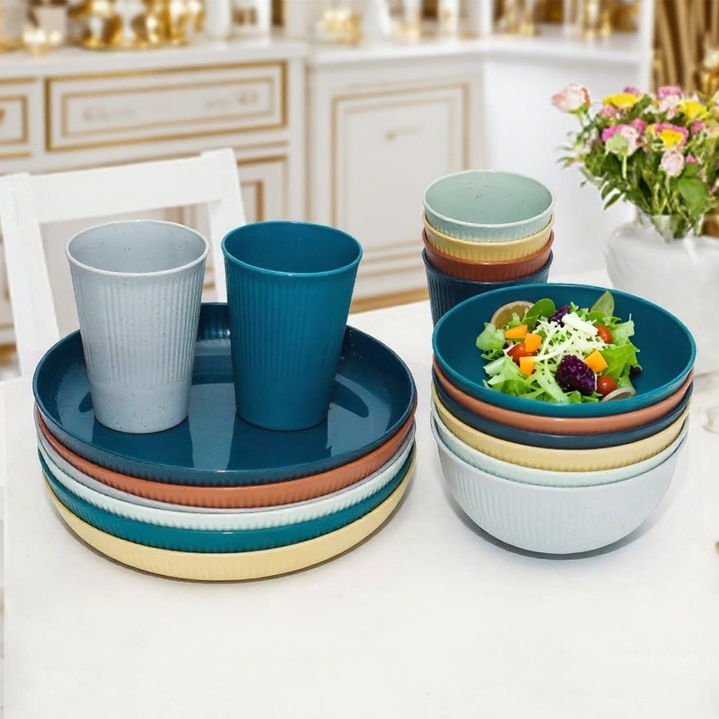 Wheat Straw Dinnerware Sets 24PCS -Set of 8, Reusable Plates and Bowls Set Dishwasher & Microwave Safe Cups Plates and Bowls Sets Shatterproof For Kitchen Outdoor Travel Camping