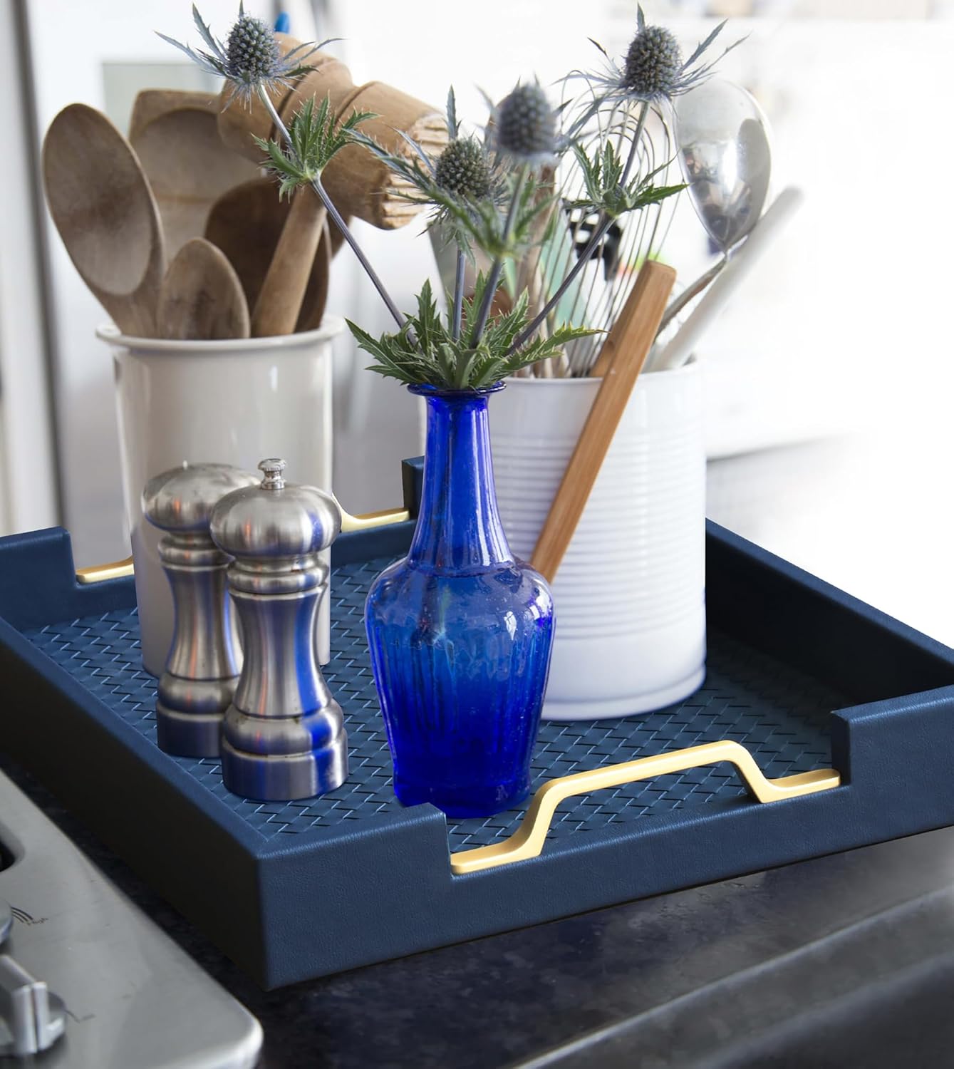 HofferRuffer Faux Leather Rectangle Serving Tray Decor Platter with Gold Metal Handles for Coffee Table, Breakfast, Tea, Food, Countertop, Kitchen, Butler Tray, 16.2 x 12.2 x 2 inches (Navy Blue)