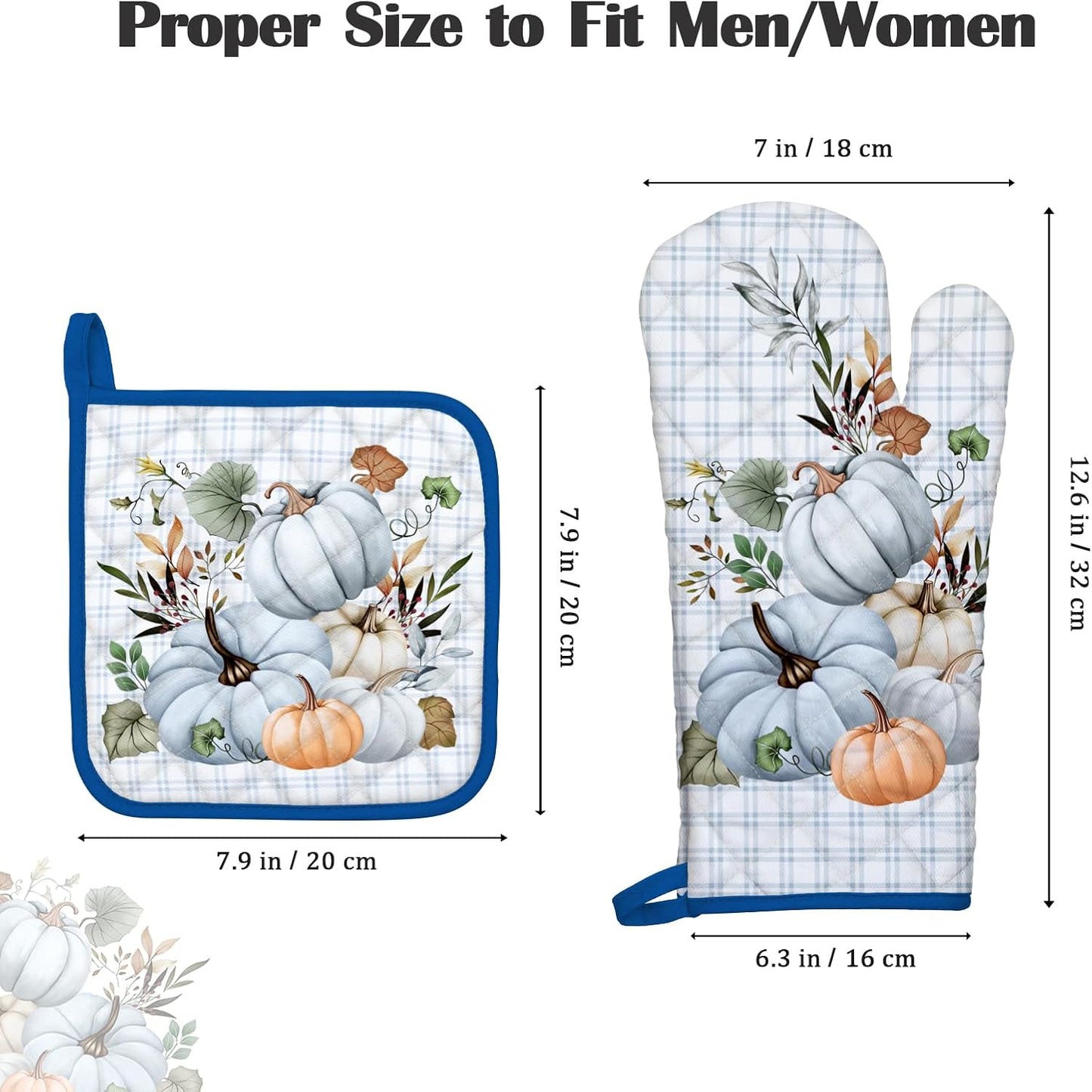 Blue Fall Pumpkin Oven Mitts and Pot Holders Sets 4Pcs, 100% Cotton Heat Resistant, Extra Long Oven Gloves Potholder for Thanksgiving Kitchen Cooking Baking Decoration